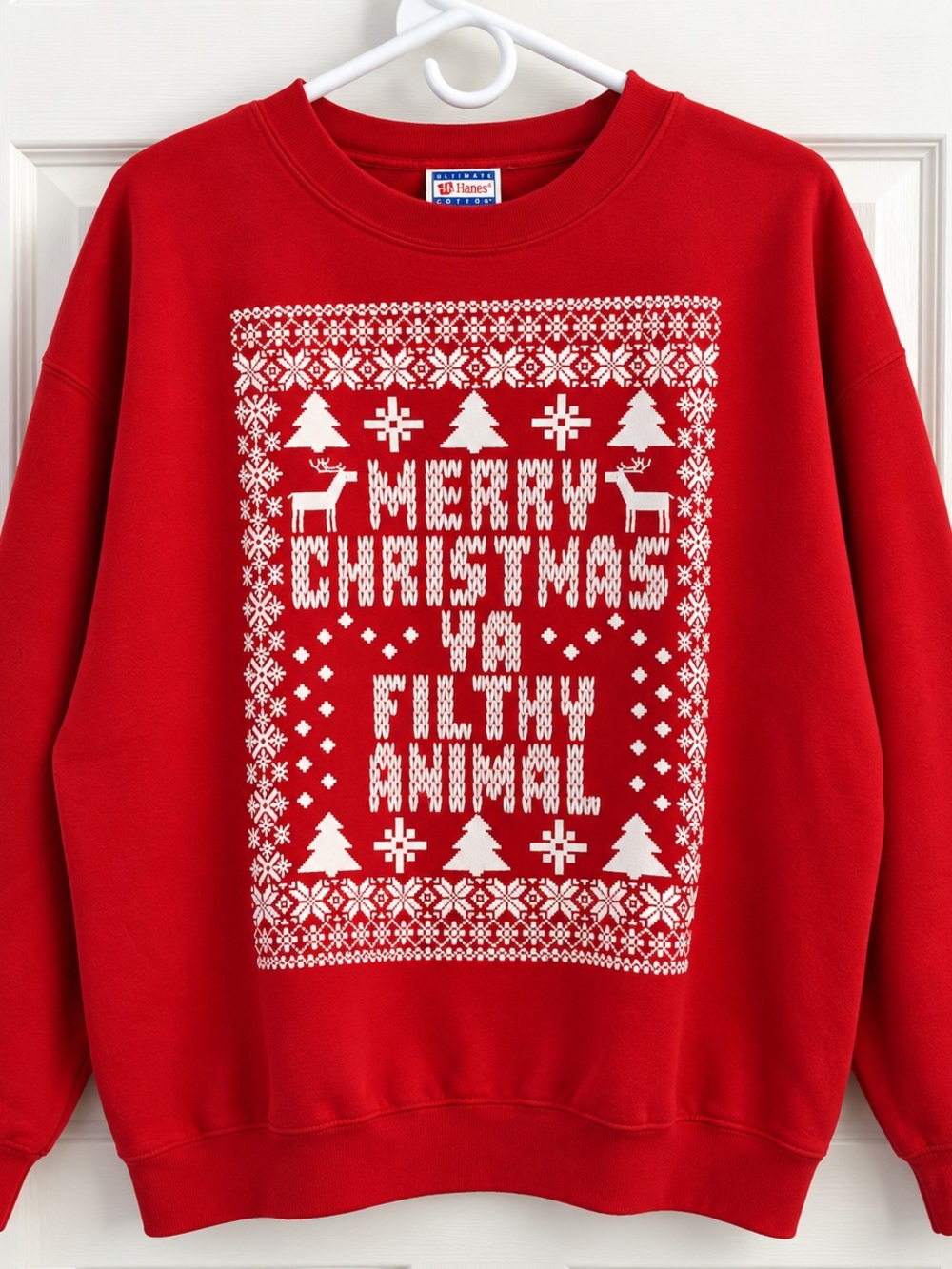 Hanes Merry Christmas Ya Filthy Animal Red Christmas Sweatshirt